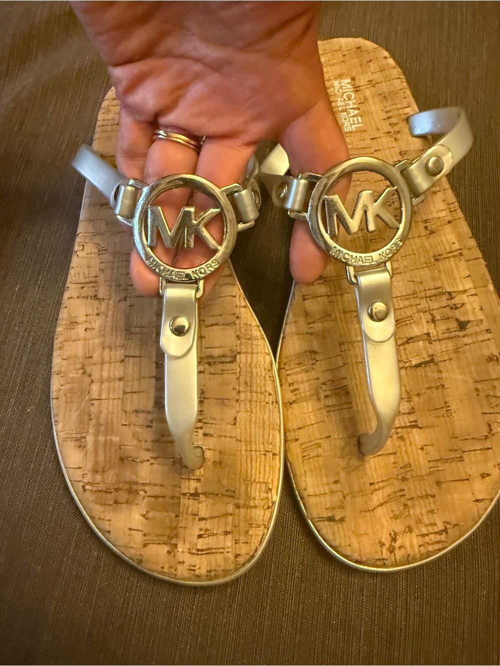 Michael Kors Silver MK Logo Cork Footbed Thong Sandals